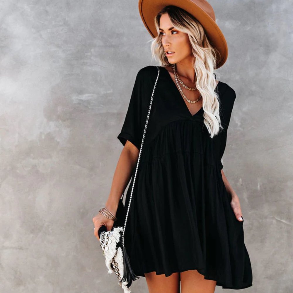 Vici Giddy Pocketed Babydoll Dress Washed Black